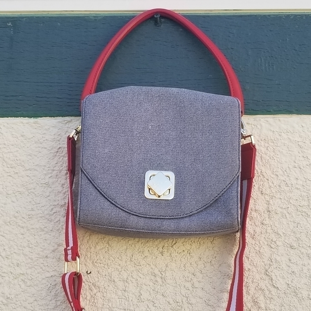 Talbot's denim look purse with red strap and removable crossbody